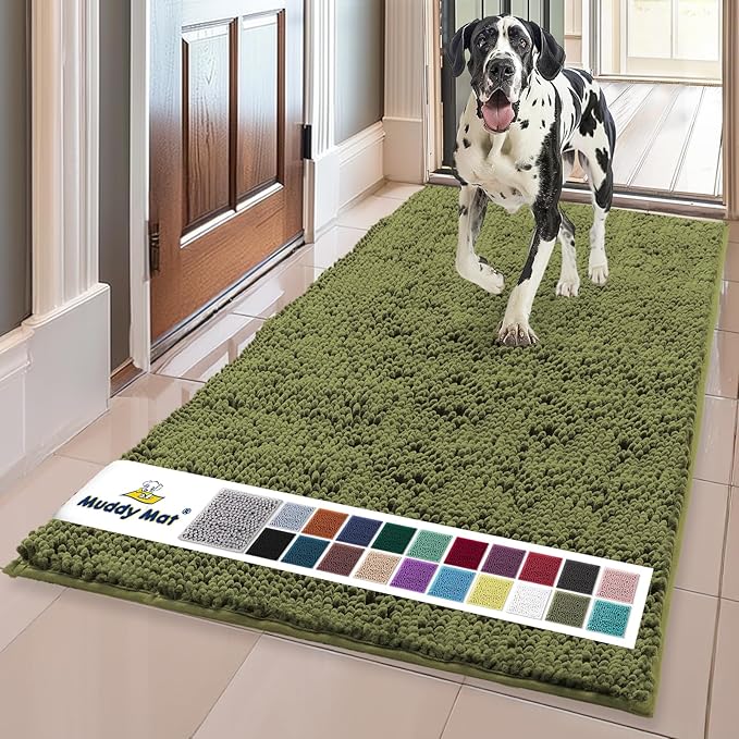 Muddy Mat® | Super Absorbent Door Mat Indoor, Microfiber Quick Dry Chenille Entryway Rug, Non-Slip Front Door Mat, Indoor Mats for Entryway, Machine Washable Pet Rug, Army Green 36" x 120"