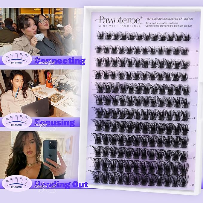 Pawotence Lash Clusters Wispy Kira Cluster Eyelash Extensions 10-18mm Individual Lashes DIY Cluster Lashes Extension Soft Comfortable Eyelash Clusters with Thin Band
