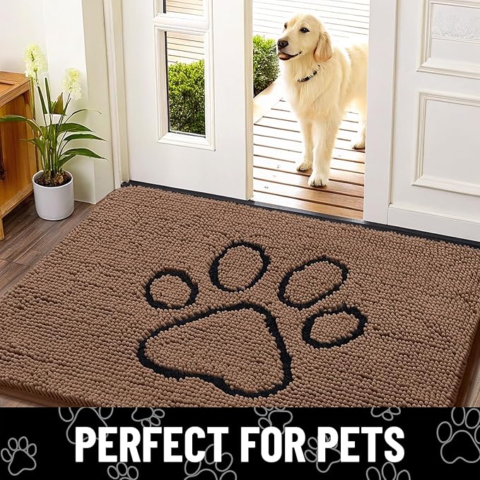 Smiry Dog Door Mat for Muddy Paws, Absorbent Dirt Trapper Non Slip Quick Dry Washable Chenille Mat for Mud Dogs, Entry Rug for Indoor and Outdoor (36x24 Inches, Coffee and Black)
