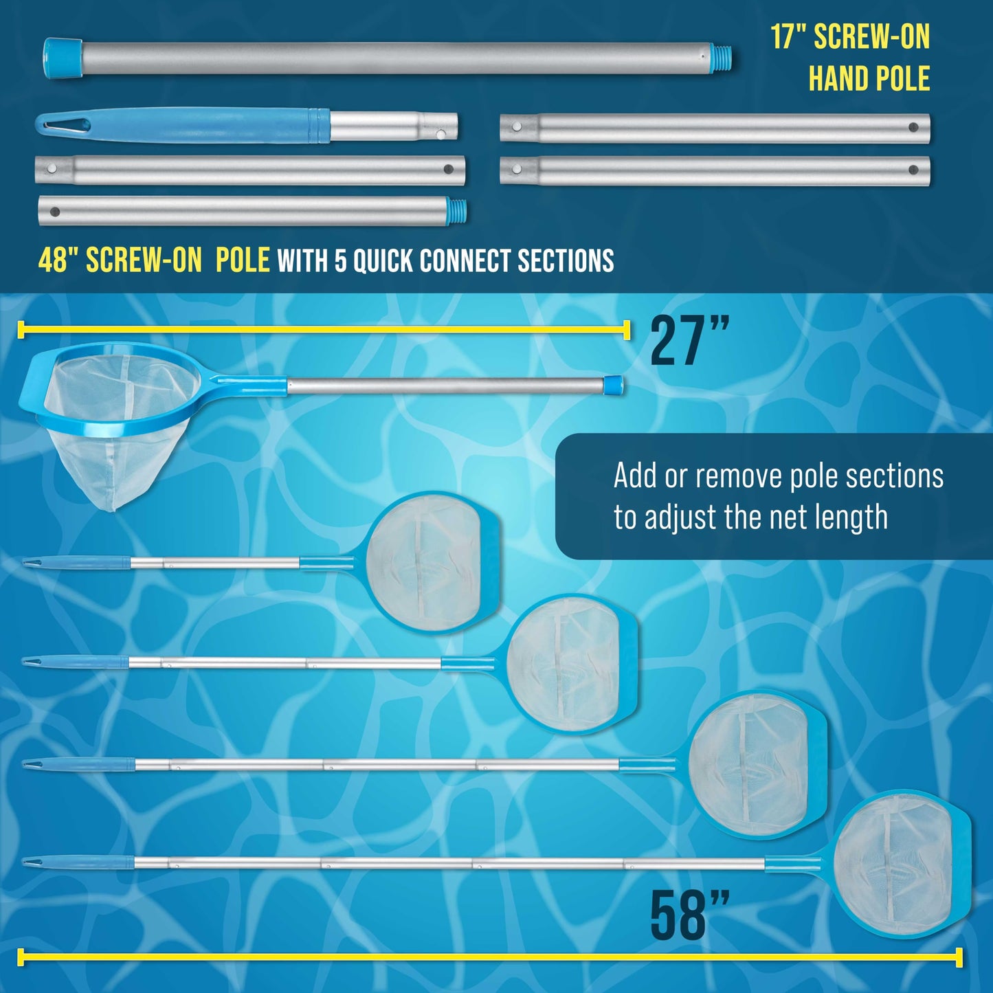 U.S. Pool Supply Spa, Hot Tub, Pool Leaf Skimmer Net, 17" & 48" Long Aluminum Poles - Deep Ultra Fine Mesh Netting, Handheld Pool Cleaning Net, Clean Finest Debris, Leaves, Ponds, Small Above Ground