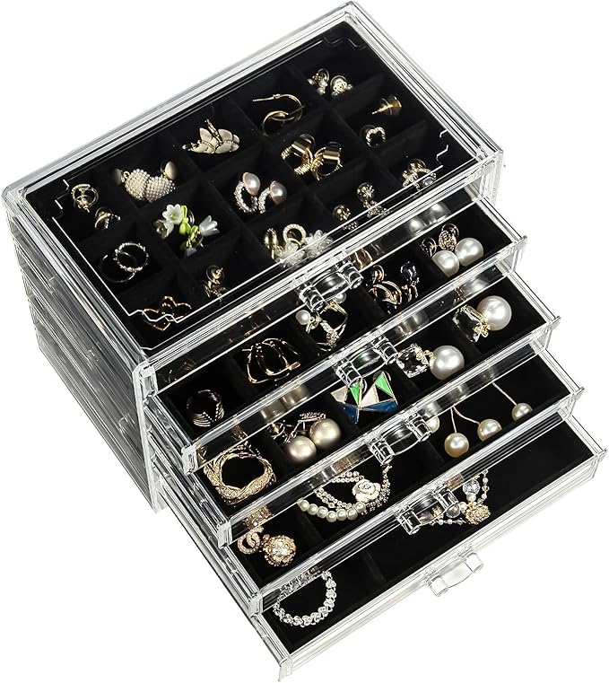 5 Drawers Clear Jewelry Box for Women and Girls, Acrylic Earring Holder Organizer Ring Holder Display Storage, Black