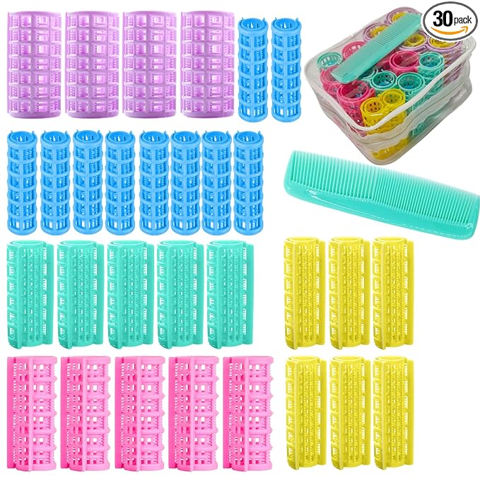 30Pcs Plastic Hair Rollers Set, Snap on Rollers Self Grip Hairdressing Curlers No Heat Rollers for Long Medium Short Thin Fine Hair with Mini Comb (5 Sizes)