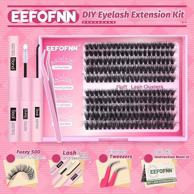 Eefofnn DIY Lash Extension Kit Fuzzy Mink Cluster Lashes Kit Natural Volume Eyelashes Extensions with Lash Bond and Seal Tweezers 50D Eyelash Clusters 10-18MM Fluttery Individual Lashes Extension Kit