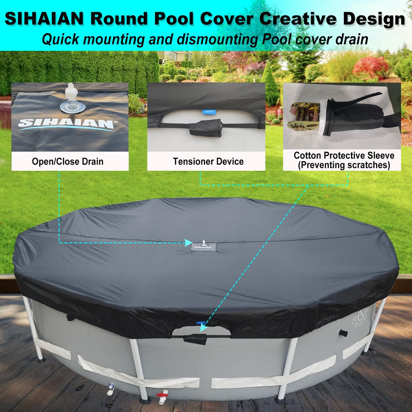 SIHAIAN 16Ft Round Pool Cover, Prevents Water Accumulation Above Ground Pool Cover, Quick Installation and Removal One-Piece Pool Cover, Lockable, Windproof, UV-Resistant, Tear-Resistant Solar Cover