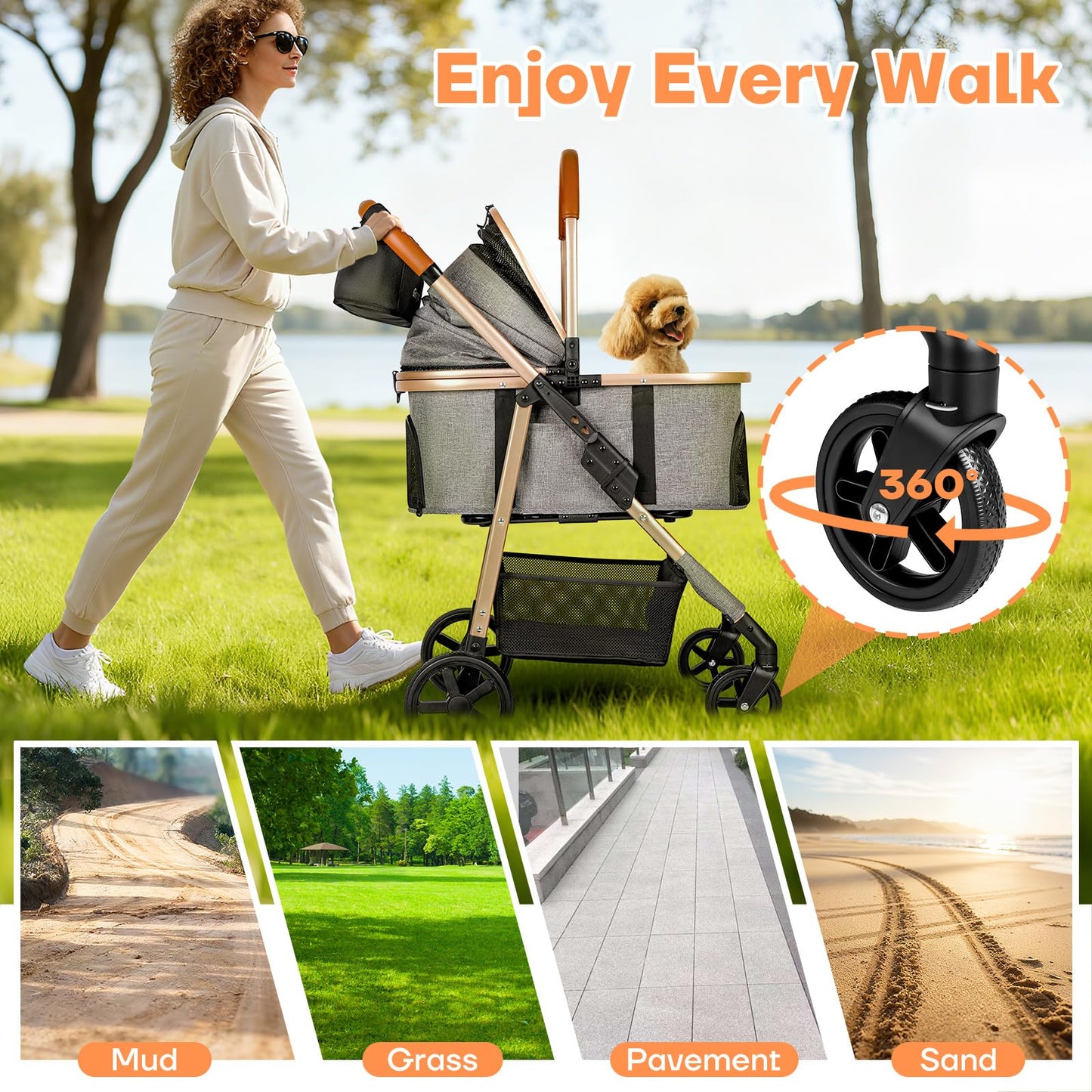 Dog Cat Stroller for Small/Medium Pets up to 50 lbs, 3-in-1 Foldable Pet Stroller with Detachable Carrier, Car Seat, Storage Basket, Cup Holder, Hanging Bag, Rain Cover, All-Terrain 4 Wheels (Grey)