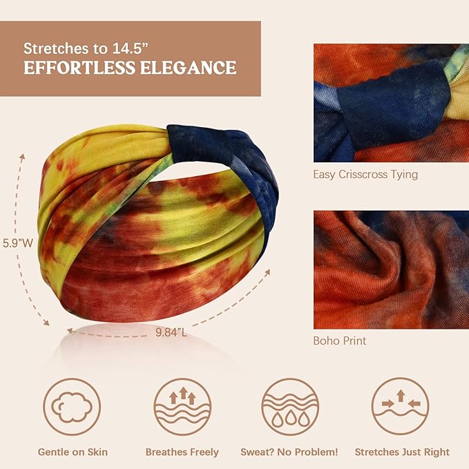 Awumbuk Wide Headbands for Women Knotted No Slip Head Bands Soft Turban Headband Hair Accessories Boho African Solid Color Head Wraps for Women Yoga Workout Pack of 6