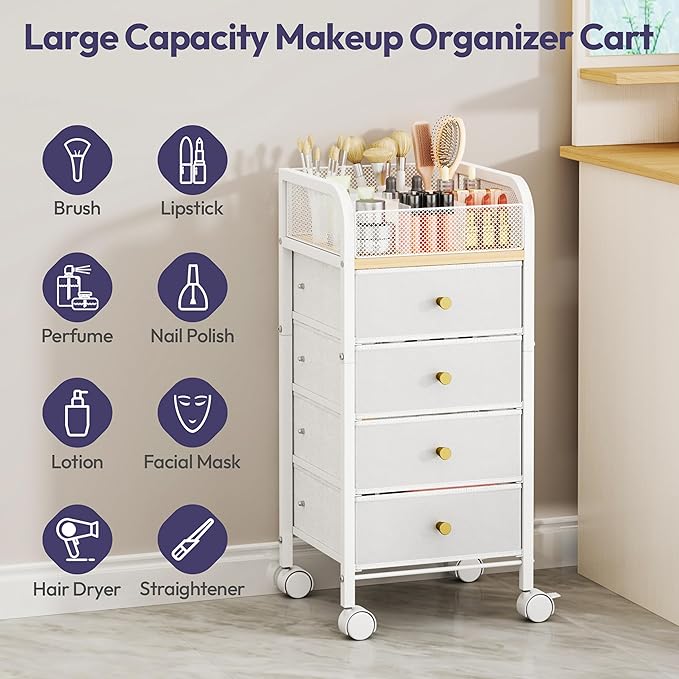 SWTYMIKI Rolling Makeup Organizer Cart - Under Desk Vanity Makeup Storage with 4 Non-woven Drawers, Nail Cart Organizer Cosmetic Display Cases Cabinet for Skin Care Perfume Nail Polish Brush Hair Tool