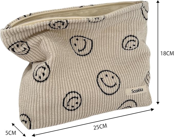 Cosmetic Bags for Women - Corduroy Cosmetic Bag Aesthetic Women Handbags Purses Smile Dots Makeup Organizer Storage Makeup Bag Girls Case Bags (A-Beige)
