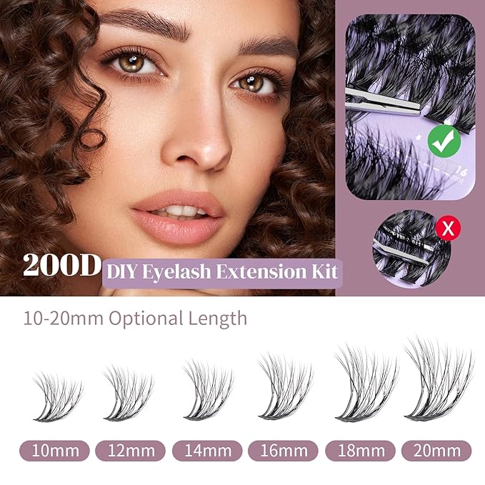 Ocean Pearl Lash Clusters 10-20mm 200D 300PCS Lashes DIY Lash Clusters Kit Individual Lashes Cluster Eyelash Extensions Natural Eyelashes DIY Eyelash Extension Kit with Bond+Seal+Remover+Tweezer-200D