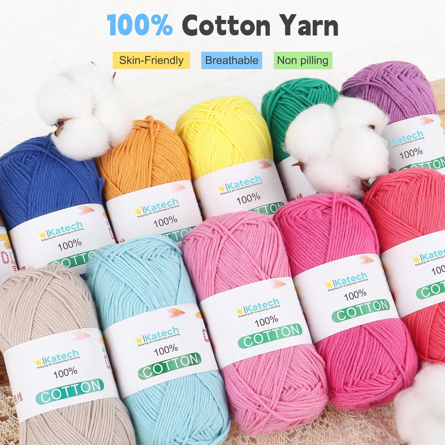 Katech Pure Cotton Yarn for Crocheting & Knitting–Soft Sport Weight CYC #2, 6 Skeins (50g Each, 300g Total), Ideal Crochet Yarn for Dishcloths, Baby Clothes, Socks, Lightweight Scarves（Light Blue）