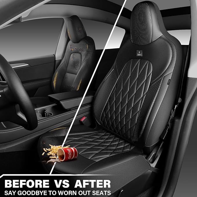 CAR PASS Nappa Leather High Back Front Seat Covers, Tesla Model 3 Model Y Breathable Faux Leather Front Bucket Seat Covers, Anti-Slip Airbag Compatible Universal Fit for Sedan SUV Van Truck, Black