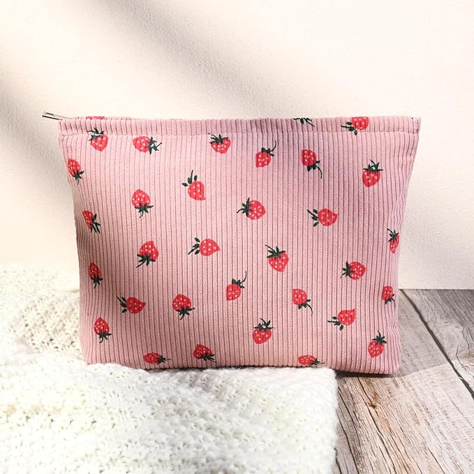 SOIDRAM 2 Pcs Cute Makeup Bag Large Cosmetic Bag Toiletry Bag Makeup Pouch Travel Bag Organizer Cute Makeup Brushes Aesthetic Accessories Storage Bag for Women Strawberry Pink Beige