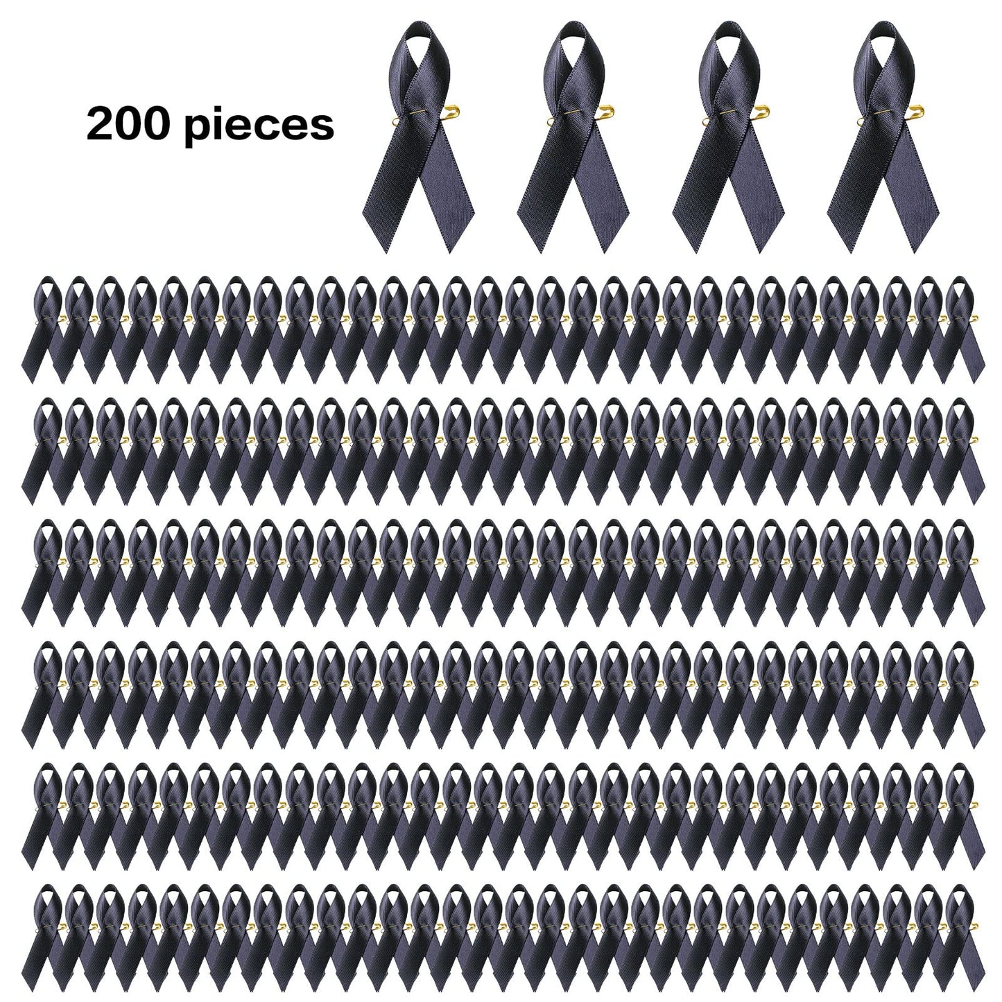 200 Pieces Black Satin Awareness Ribbons with Safety Pins 1.4 * 3 inch