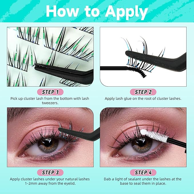 Lash Clusters Kit 126Pcs Eyelash Extensions Kit C Curl Glitter Eyelashes Cluster with Lash Bond and Seal,Lash Remover,Lash Tweezer For False Lashes Cluster Kit At Home(Blue Stars Kit-Single Glitter)