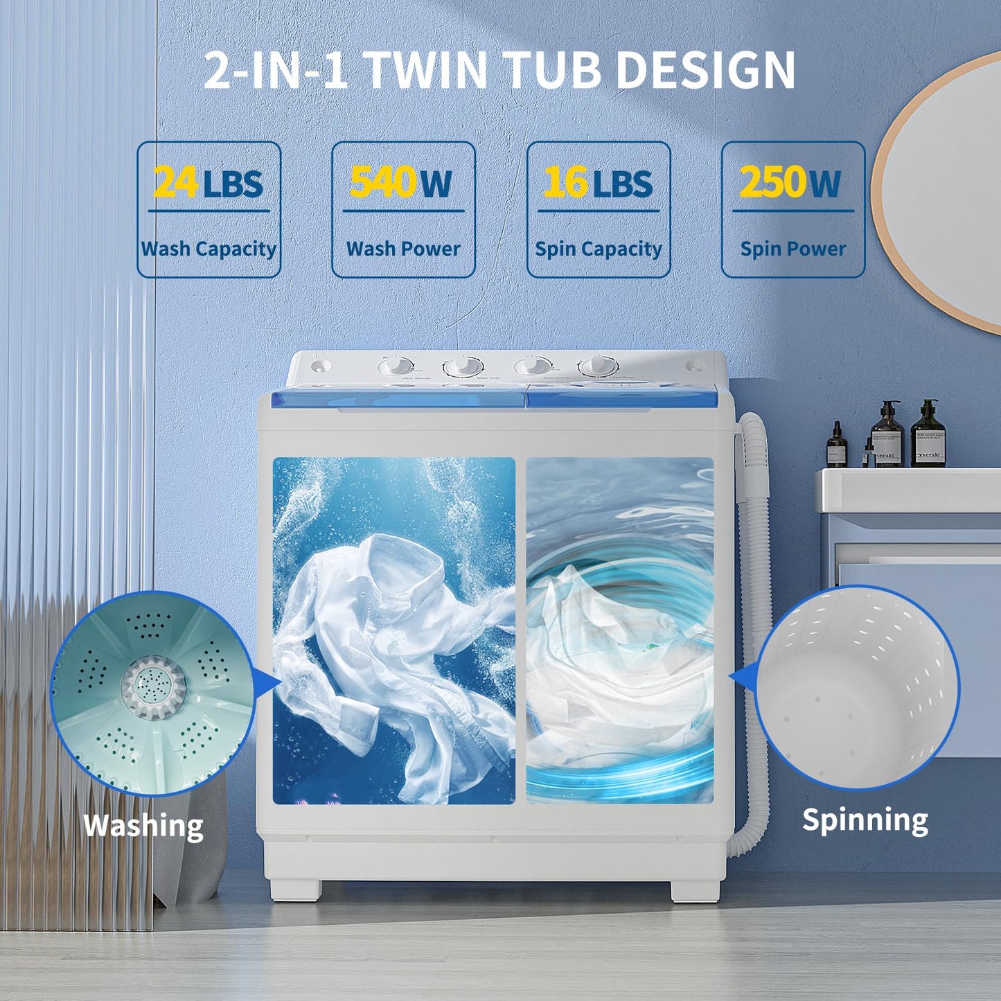 Zynkez Portable Washing Machine, 40Lbs Compact Washing machine, Twin Tub Laundry Washer Machine with Built-in Drain Pump, Semi-Automatic 24Lbs Washer and 16Lbs Spinner Combo for Apartments, Dorms, RVs