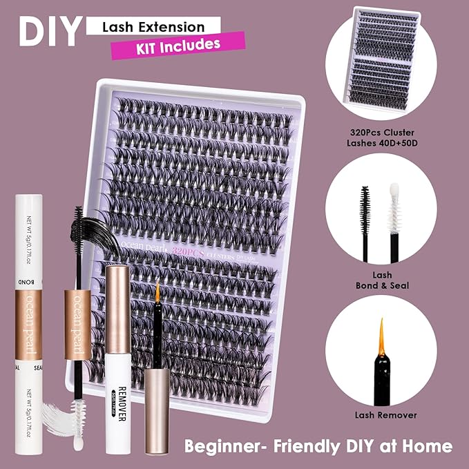 OCEAN PEARL 40D 50D Lash Clusters Lash Extension Kit 320 Pcs Thick Eyelashes Natural Lashes Clusters 10-16mm Eyelash Extensions Kit Individual Lashes with Bond and Seal Tweezers DIY Eyelash Extension