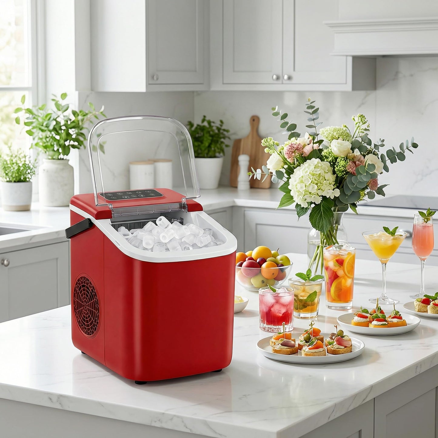 Bayany Countertop Ice Maker with Handle, 26lbs/24H, Small Portable Self-Cleaning Ice Machine with Basket and Scoop, 9 Bullet-Shaped Ice Cubes in 6 Mins for Home Kitchen, Parties, Camping