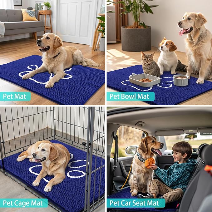Smiry Dog Door Mat for Muddy Paws, Absorbent Dirt Trapper Non Slip Quick Dry Washable Chenille Mat for Mud Dogs, Entry Rug for Indoor and Outdoor (36x24 Inches, Navy Blue and White)