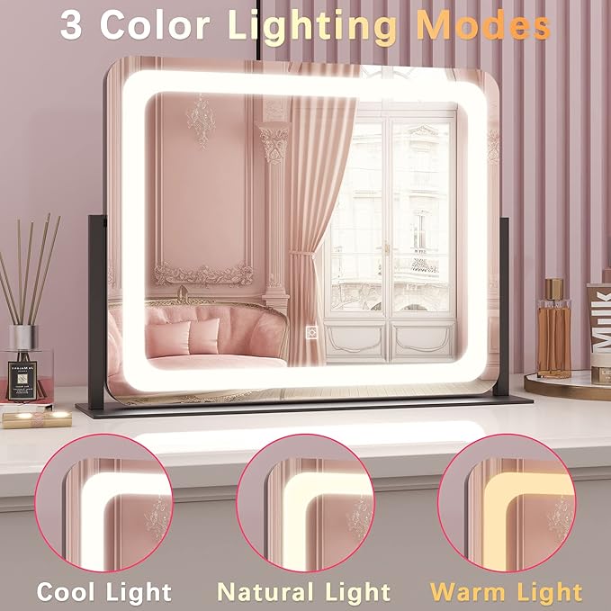 ROLOVE 22x17 Inch Lighted Vanity Mirror with Dimmable LED Lights - 3 Color Modes, Smart Touch Control & 360° Rotating Base - Desk Makeup Mirror (Black)