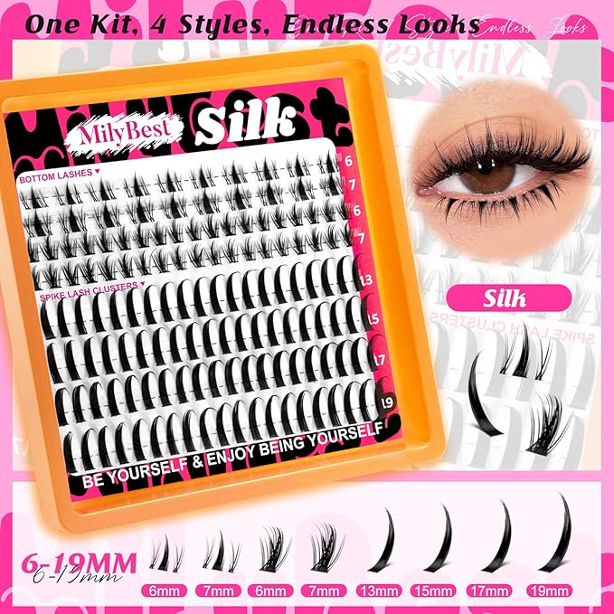 MilyBest 4 Styles Lash Clusters Kit, Silk/Rozen/Fable/Mist Bottom Eyelash Clusters Extensions Mini Boxes with Lash Bond & Seal, Remover and Lash Tweezer Spiky DIY Individual Lashes Extension Kit