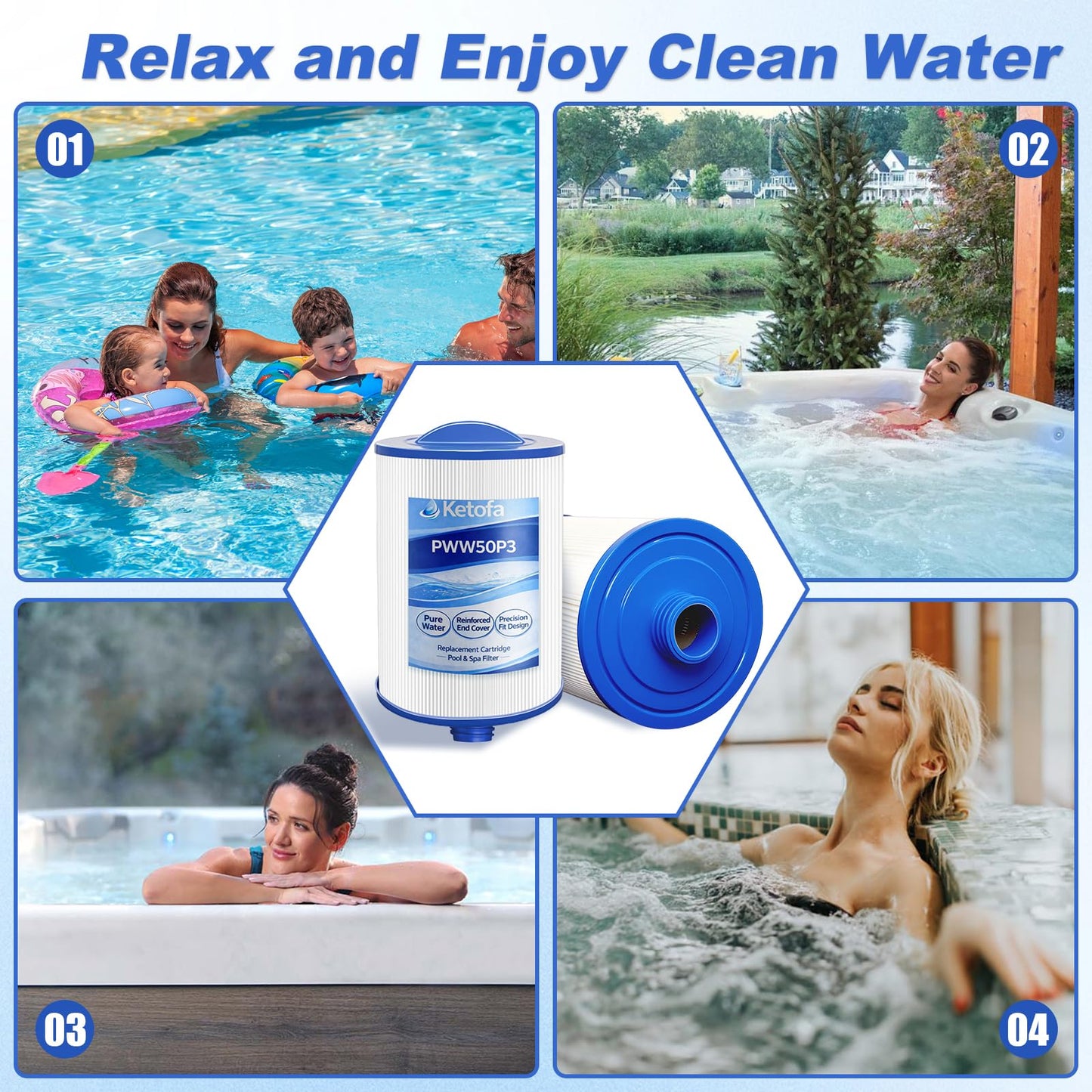PWW50P3 Filter for Compatible with Pleatco Spa Hot Tub, PWW50P3 (1 1/2" Coarse Thread) Spa Filter Compatible with Unicel 6CH-940 Filbur FC-0359 Waterways 817-0050 Front Access Skimmer Aber Hot Tubs