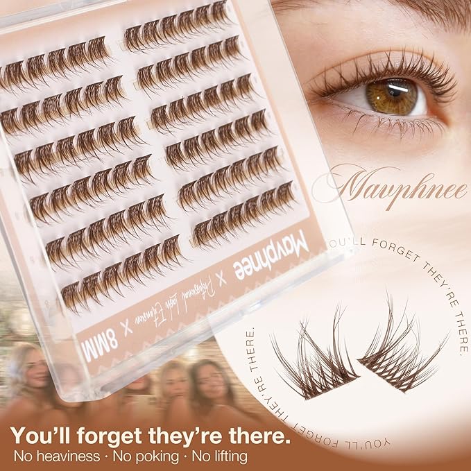 8MM Brown Lash Clusters Short Fluffy Individual Lashes with C Curl & Clear Band, Natural Look for Everyday Wear, Beginner-Friendly - Barely There & "No-Makeup" Makeup Essential