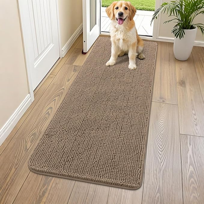 Smiry Dog Door Mat for Muddy Paws 59x24, Absorbs Moisture and Dirt Doormat, Non-Slip Washable Quick Dry Chenille Front Door Mat Indoor Entrance, Entryway Carpet for Inside Floor, Camel
