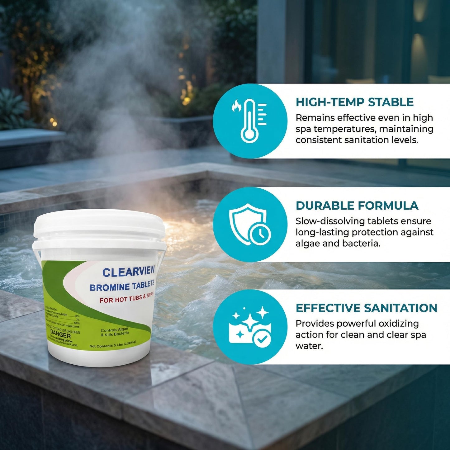ClearView Bromine Tablets 5 Lbs for Hot Tubs and Spas, Slow Dissolving Sanitizer Brominating Tabs, Kills Bacteria & Algae