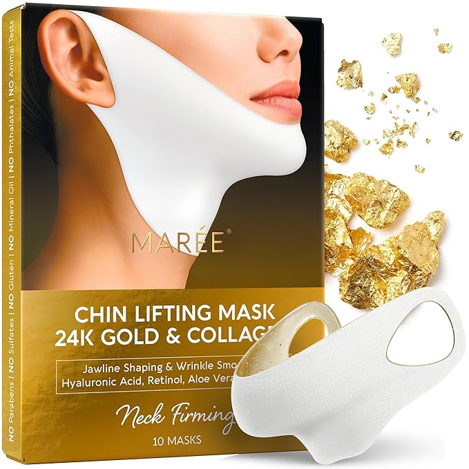 MAREE Chin Strap V Line Lifting Mask - 24K Gold Face & Neck Lift Tape Mask - Double Chin Strap for Sleeping - Neck Wrinkle Patches Reducer & Jawline Shaper for Firming, Tightening & Lifting - 10 PCS