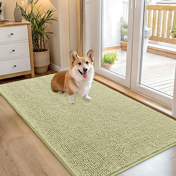 OLANLY Dog Door Mat for Muddy Paws 54x32, Absorbs Moisture and Dirt, Absorbent Non-Slip Washable Doormat, Quick Dry Chenille Mud Mat for Dogs, Entry Indoor Entryway Carpet for Inside Floor, Vanilla
