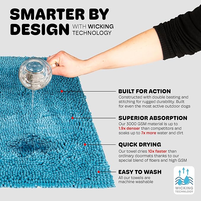 Dog Gone Smart Dirty Dog Doormat - Fast Drying Rug with Super Gripper Backing for Clean Floors - Super Absorbent and Machine Washable Mat for Muddy Paws - Aqua