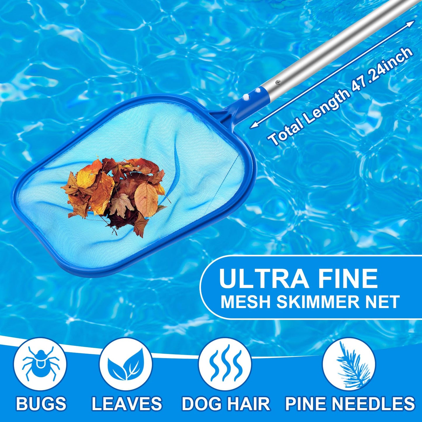Tioncy 4 Pack Swimming Pool Cleaning Kit Including Pool Cleaning Brush Scrubbing Scouring Sponge Pad Skimmer Leaf Net and 47inch Swimming Pool Cleaning Poles for Inflatable Pool Home Spas Hot Tubs