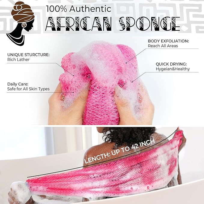 African Net Sponge Authentic - 2 Pieces Exfoliating Body Scrubber Bath Sponge - Back Scrubber Washcloth for Shower - Real African Scrub Exfoliator Body Care Bathing Accessories for Women