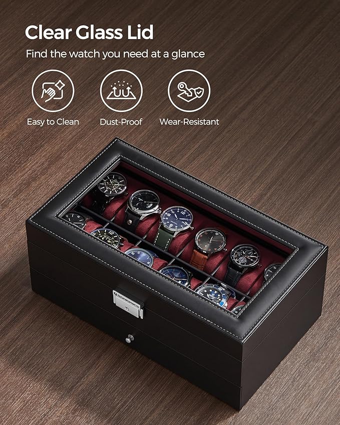 SONGMICS Watch Box, 12-Slot Watch Case Organizer with Large Glass Lid, 2 Layers, Removable Pillows, Metal Lock, Gift for Loved Ones, Black Synthetic Leather, Wine Red Lining UJWB012R01
