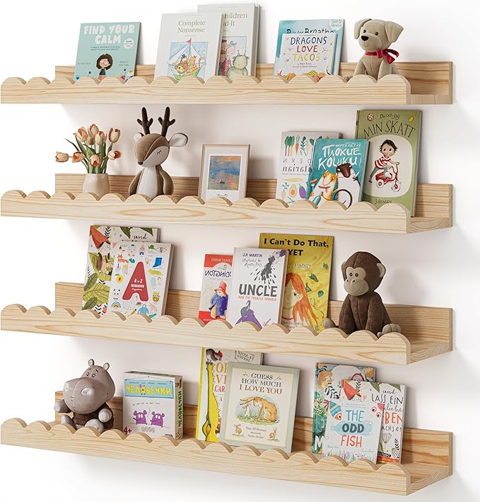 Shario Nursery Book Shelves, 4-Pack Wood Floating Shelves for Wall Kids, Scalloped Shelves, Wall Book Shelves for Bedroom Kids, Toddler Room, Baby Room, Nursery Decor (Wood, 23 Inches)