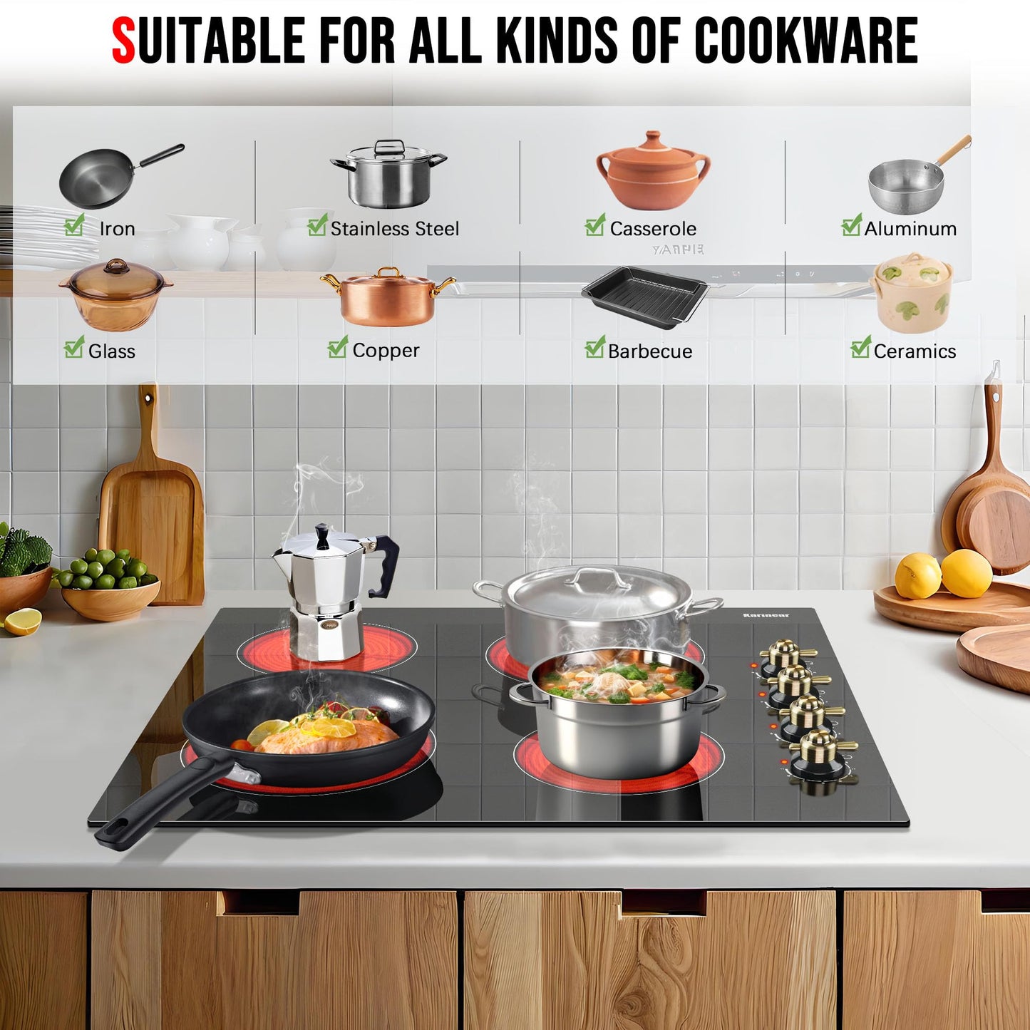 Karinear 24 Inch Electric Cooktop 4 Burners Electric Stove, Knob Control,6000W, Built-in Radiant Hob,Residual Heat Indicator, Overheat Protection,Hardwired 220V Radiant Ceramic Stove(Gold Knob)