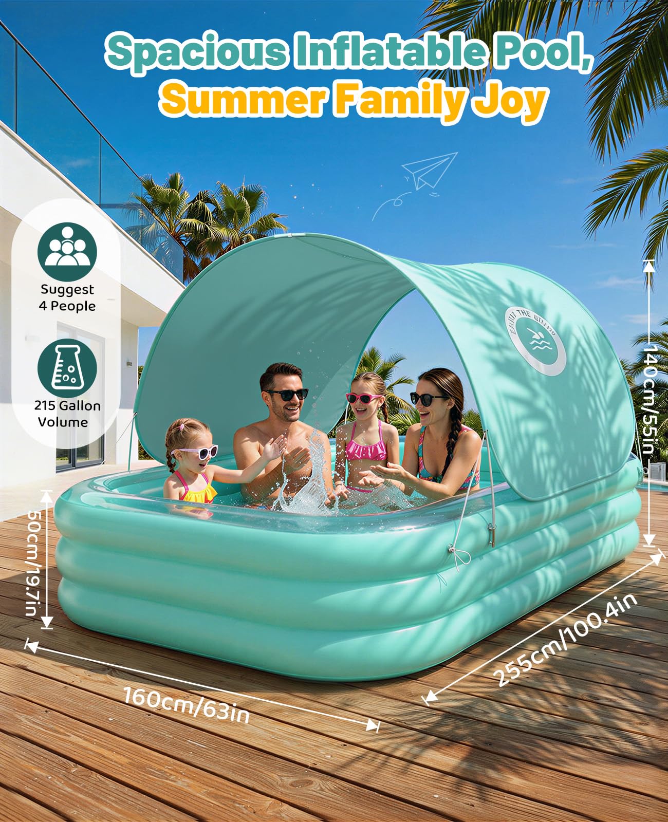 HeySplash Inflatable Pool with Canopy, Large Inflatable Swimming Pool for Adults & Kids, Blow Up Pool Thickened Family Pool for Outdoor Backyard Garden Party Summer Fun, 102" x 65" x 22"(Green)
