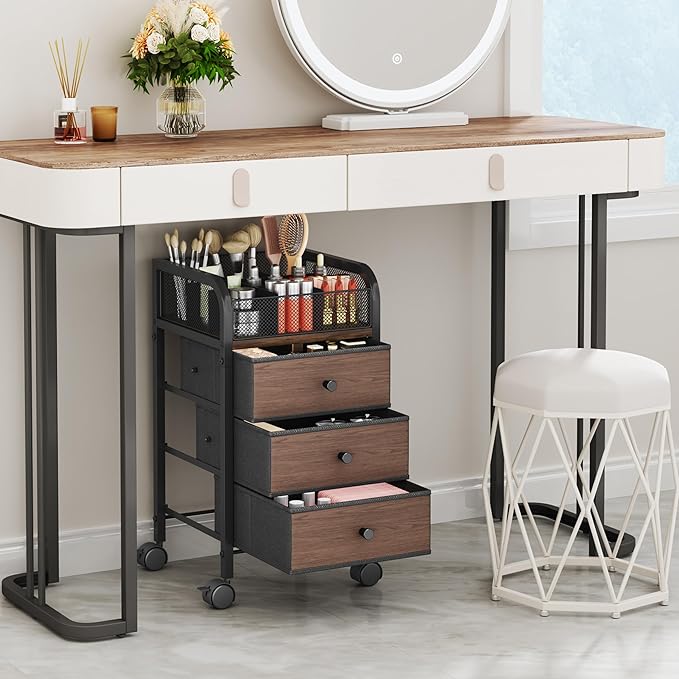 SWTYMIKI Rolling Makeup Organizer Cart - Under Desk Vanity Makeup Storage with 3 Non-woven Drawers, Nail Cart Organizer Cosmetic Display Cases Cabinet for Skin Care Perfume Nail Polish Brush Hair Tool