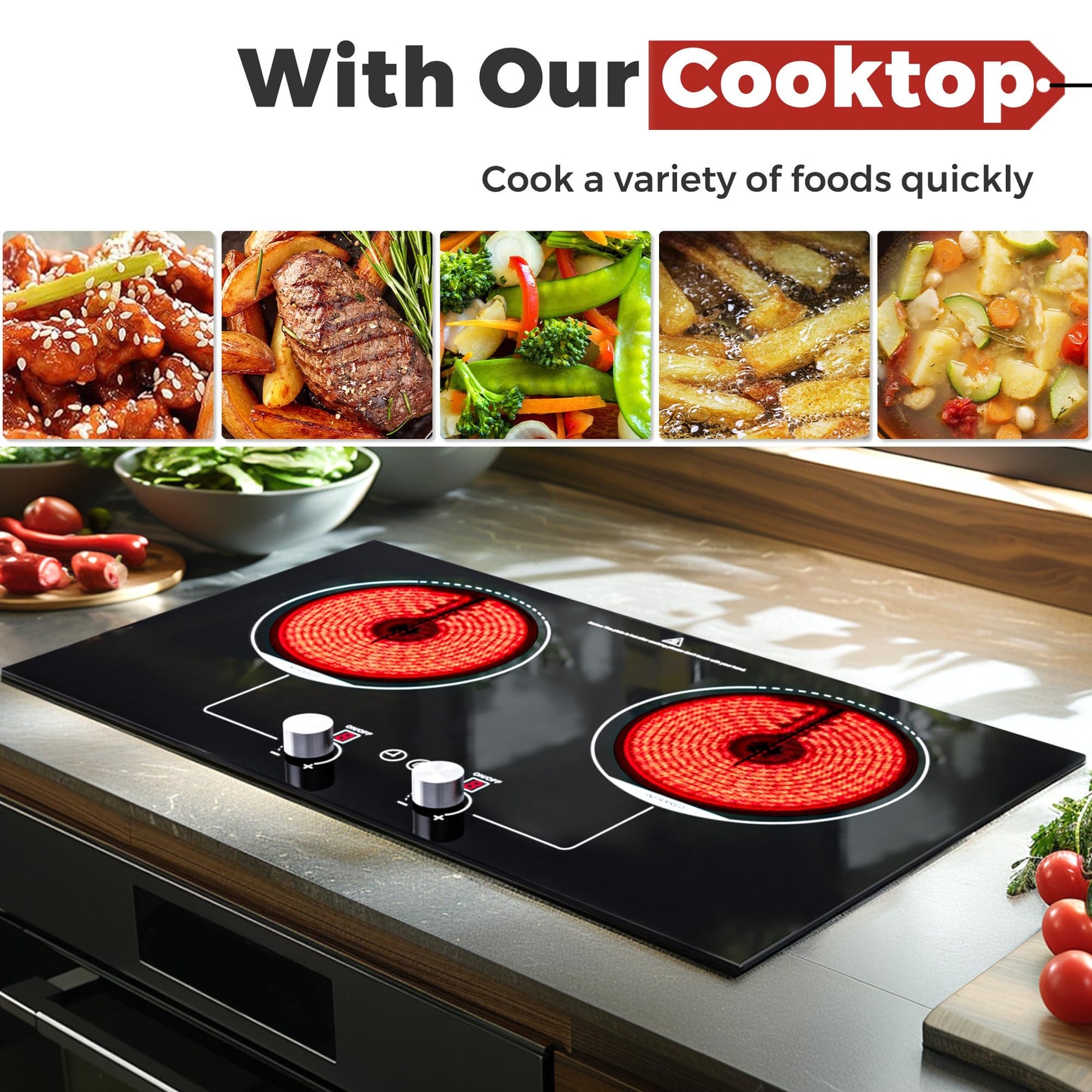 ADVWIN Electric Cooktop, 2 Burner Knob Control Plug in Built-in Ceramic Electric Stove Top with Child Safty Lock & Timer & Over-Temperature Protection & 10 Power Setting, 1800W, (3 burners (vertical))
