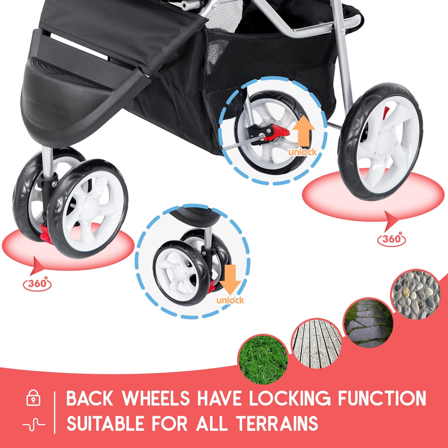 ZENY Foldable Pet Stroller, Cat/Dog Stroller with 3 Wheel, Pet Strolling Cart, Dog Travel Carrier with Storage Basket + Cup Holder, Black