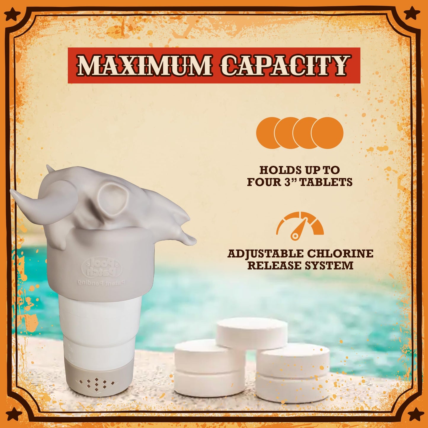Cow Skull Floating Pool Chlorine Dispenser - Large Capacity Floater for 3'' Tabs, Adjustable Flow, Unique Added Buoyancy, Weather Durable PP & ABS