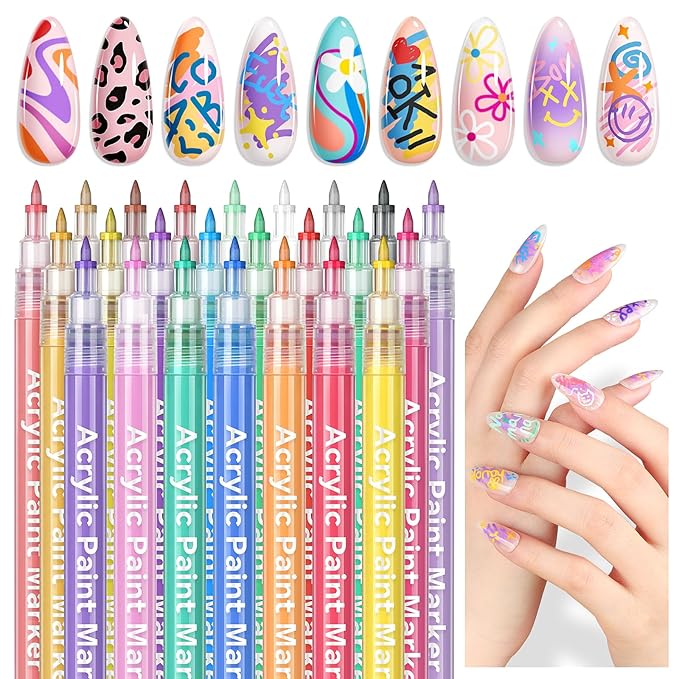 SAVILAND Nail Art Pens Set: 24 Colors 0.7MM Quick Dry 3D Nail Polish Pens Acrylic Paint Makers for Nail Art Design Drawing Detailing Point Liner Brush Dotting Tools Home DIY & Salon Manicure