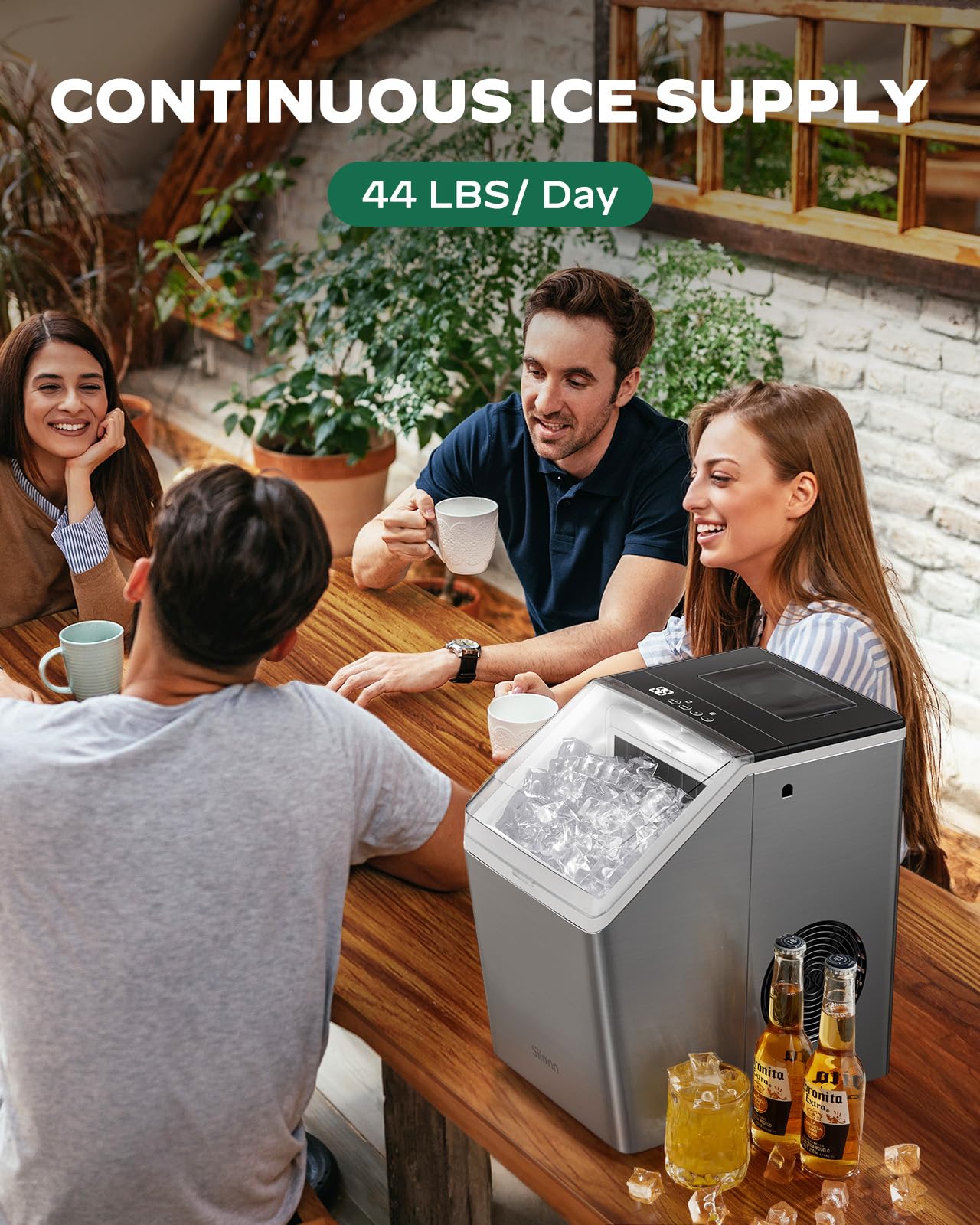 Silonn Ice Maker Countertop 44lbs/Day, Ice Cube Maker with Self-Cleaning, Stainless Steel Ice Machine with 2 Water Fill Options, Compact for Home Office Bar Party