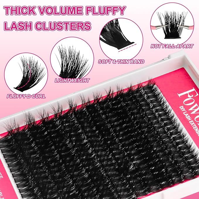 Fowendia Lash Clusters Kit Fluffy 80D Individual Lashes D Curl Cluster Eyelash Extensions 10-18mm DIY Lash Extension Kit Lash Bond and Seal Waterproof, Lash Applicator, Thick False Eyelashes Kit
