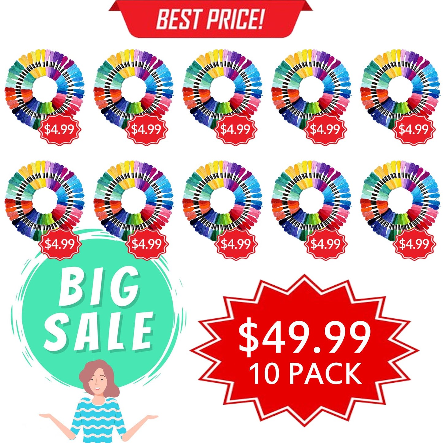 Friendship Bracelet String 500 Skeins Rainbow Color Embroidery Floss Cross Stitch Embroidery Thread Cotton Floss Bracelet Yarn, Craft Floss(Classic Color)（50skeins x10 Pack）