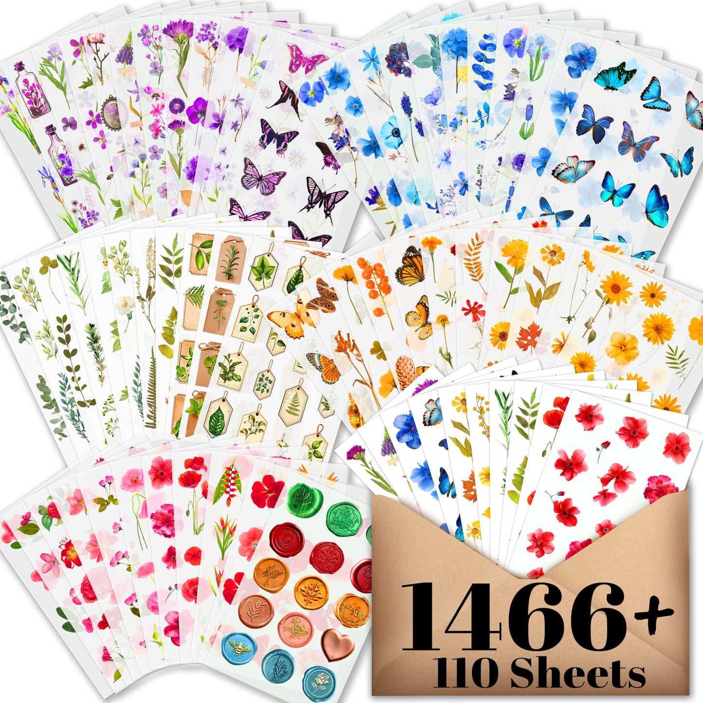 Arme Flower Stickers for Scrapbooking(1466+ Pieces, 110 Sheets), Floral Sticker, Pressed Flower Sticker, Valentine's Day Journaling Stickers for Scrapbooking Supplies, Junk Journal Supplies