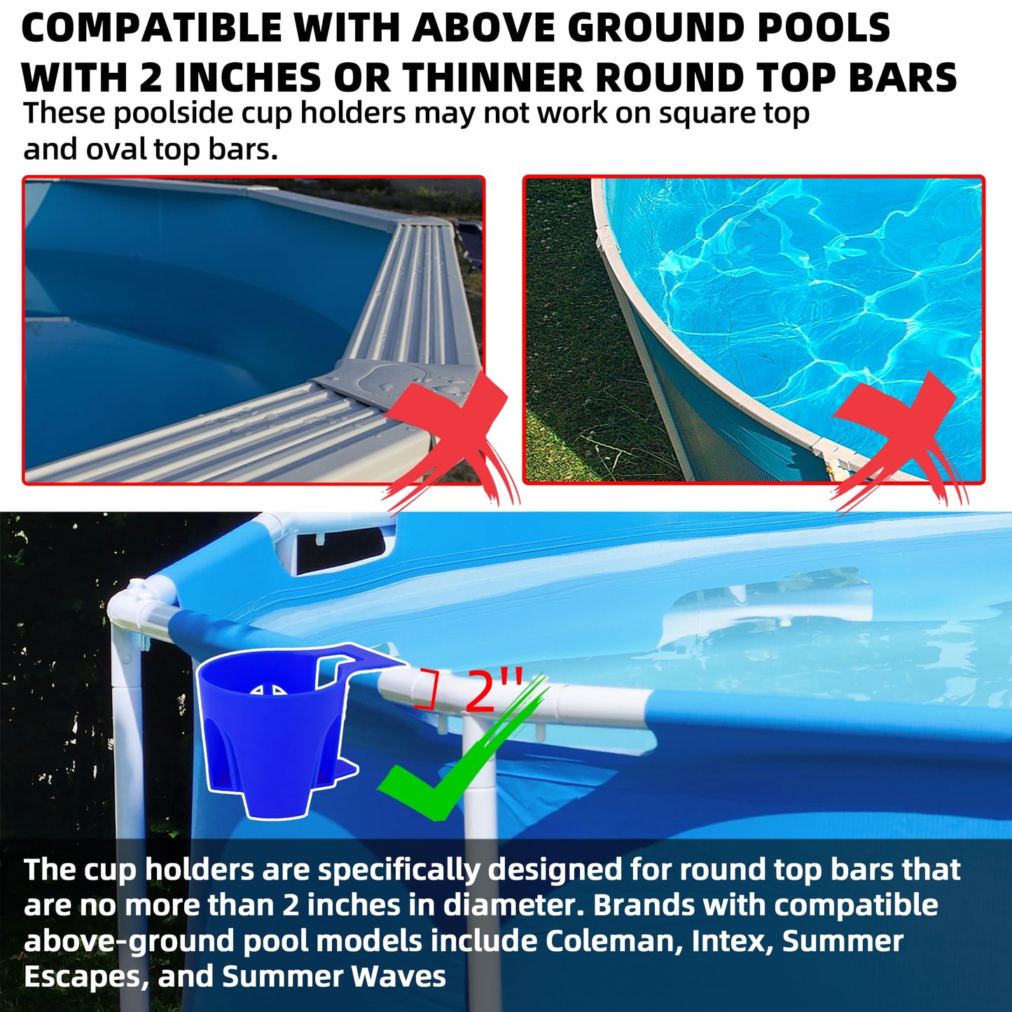 TonGass (6-Pack, Blue) Poolside Cup Holders Compatible with Above Ground Pools with 2 Inches or Thinner Round Top Bars - Strong and Durable Easy to Use Clip-On No-Spill Cup Holders