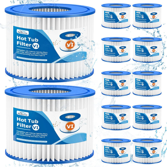 Beckacher 12 Pack Type VI Filter. Hot Tub and SPA Filter Replacement Cartridge. Compatible with Coleman SaluSpa 90353E, 58323E, 53323, Lay-Z-Spa