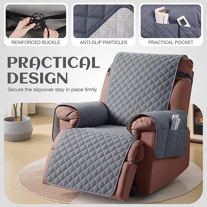 KinCam 100% Waterproof Recliner Chair Cover, Reclining Couch Covers for Pets, Dogs, Recliner Couch Slipcover Furniture Protector with Elastic Straps for Kids(30", Dark Gray)