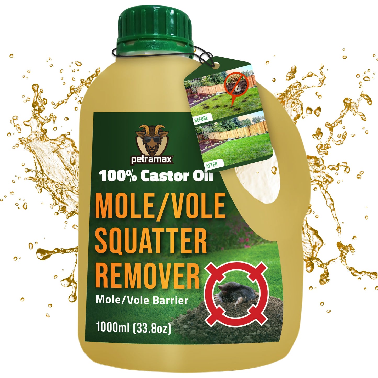 PetraMax Castor Oil Mole Repellent for Lawns - Best Anti Mole and Vole Repellent of Outdoor Space - How to Get Rid of Moles in My Yard, Garden Or Lawn, Safe and Effective Vole Deterrent (33.8 fl oz)